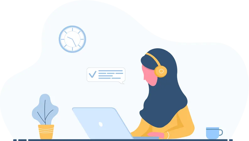 Womens Freelance Arabian Girl In Headphones With A Laptop Sitting At A Table Concept Illustration For Studying Education Work From Home Healthy Lifestyle Vector Illustration In Flat Style Illustration