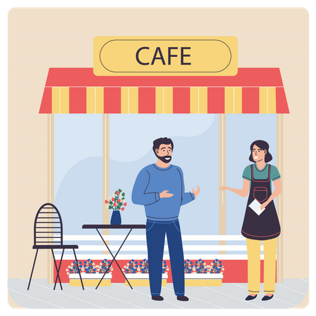 Customer talking to female waitress at coffee shop Illustration