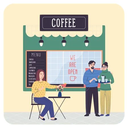 Customer talking to female waitress at coffee shop  Illustration