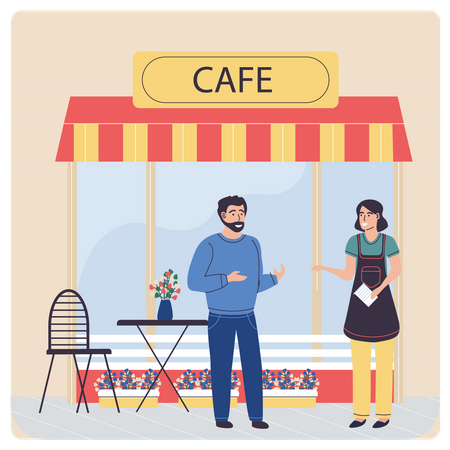 Customer talking to female waitress at coffee shop  Illustration