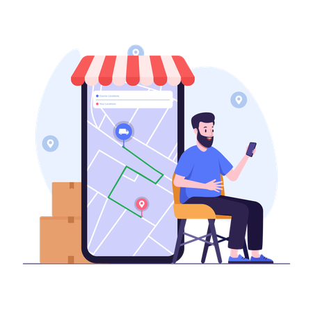 Customer tracking shopping order using mobile phone  Illustration