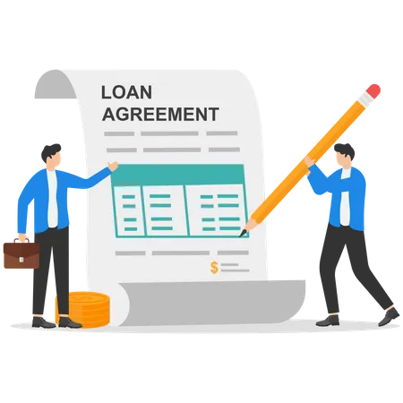 Customer Using Pen To Sign A Money Loan Agreement In Front Of A Bank Employee Business Agreement Concept Illustration