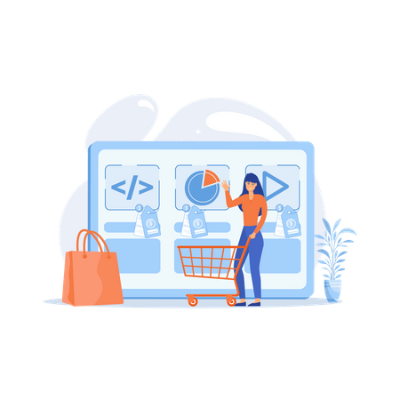 Customer with shopping cart buying digital service online  일러스트레이션