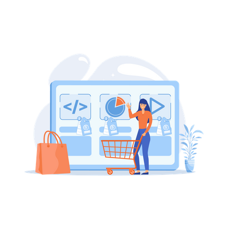 Customer with shopping cart buying digital service online  Illustration