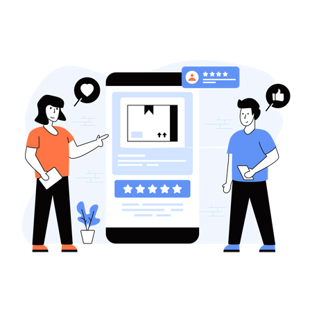 Customers adding review to the product online  Illustration