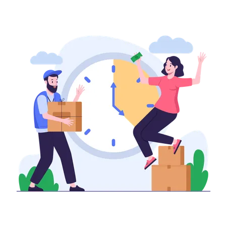 Illustration Of Customers Are Satisfied Because Delivery Is On Time Illustration