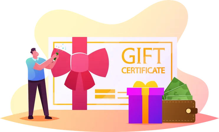 Customers Care And Loyalty Program Concept Tiny Man Buyer Character Stand At Huge Certificate Gift Box And Wallet With Money Shooting Flapper Consumerism Special Offer Cartoon Vector Illustration Illustration