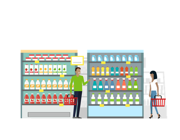 Customers choose daily products from shelves  Illustration