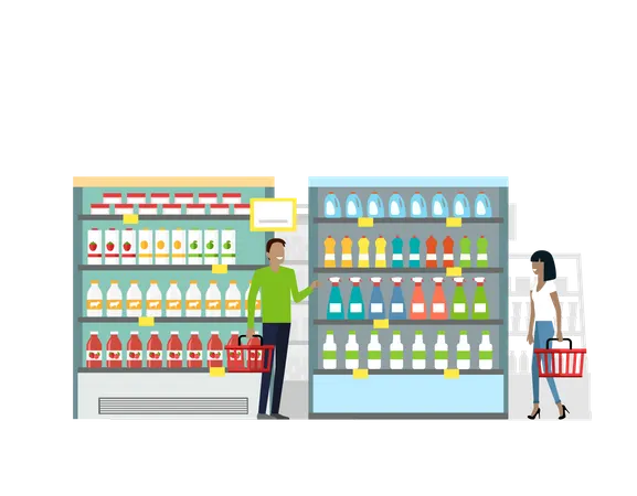 Customers choose daily products from shelves  Illustration