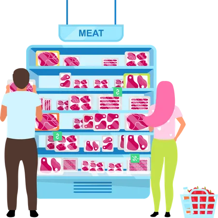 Customers choosing meat in butchery Illustration