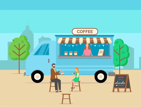 People Sitting By Truck With Coffee Sign Vector Man And Woman On Date Drinking Beverage Seller With Different Types Of Drinks Street Shop Flat Style Illustration