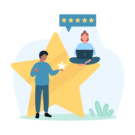 Customers Feedback Vector Illustration Cartoon Tiny People Holding Review Gold Star To Rate Positive Experience From Quality Of Product Clients Give Five Stars For Evaluation In Online Survey Illustration
