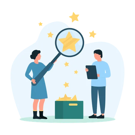 Customers Feedback Research Vector Illustration Cartoon Tiny People Looking Through Magnifying Glass At Gold Star To Find Product With Excellent Rating And Price Online Clients Select Best Service Illustration