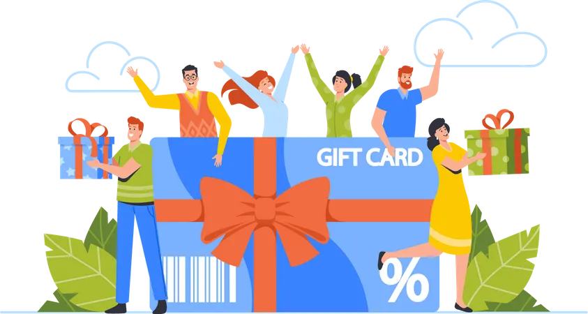Male And Female Characters Buying Things And Presents For Holidays Using Gift Certificate Or Discount Coupon Consumerism Present Happy People Shopping Recreation Cartoon People Vector Illustration Illustration