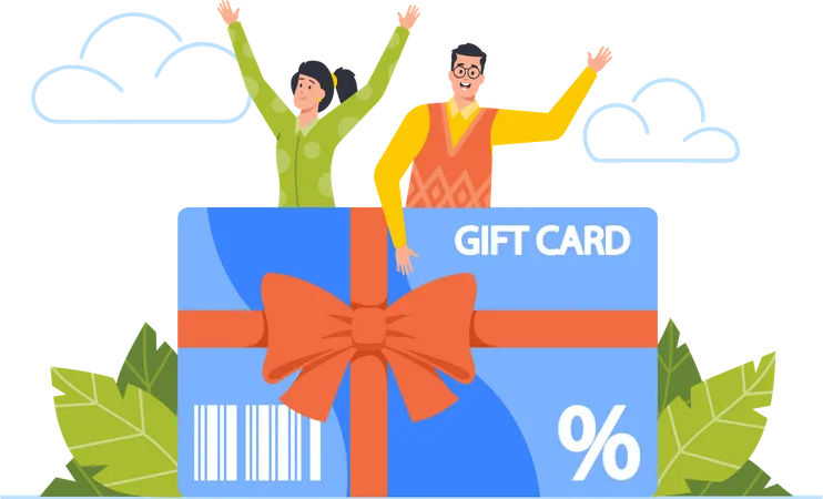 Tiny Male And Female Character Stand Near Huge Gift Card Wrapped With Red Bow Festive Sale And Shopping Promotion Offer Happy People Using Coupon For Buying Goods Cartoon Vector Illustration Illustration
