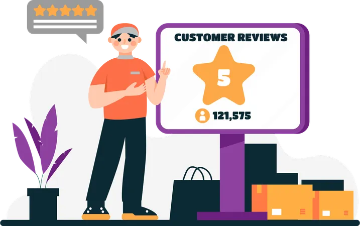 Illustration Of A Man Showing Various Good Reviews From His Customers Who Are Very Satisfied With His Services Illustration