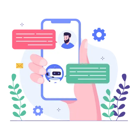 Customers hold their smartphone screens in their hands and interact with chatbots  Illustration