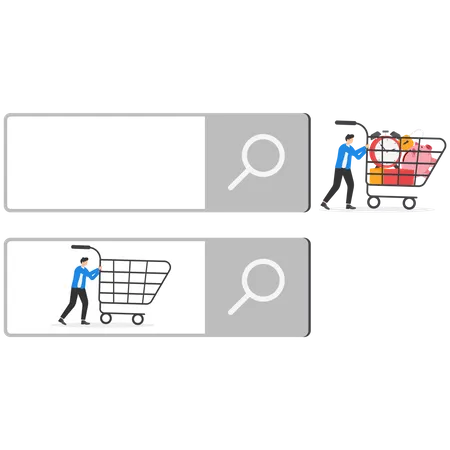 Customers In The Search Bar And Checkout Are Full Of Purchased Items In The Shopping Cart SEO Search Engine Optimization Customer Search Online Modern Vector Illustration In Flat Style Illustration