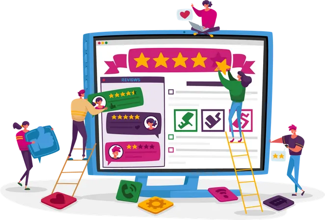 Customers Online Review Ranking And Rating Concept Tiny Characters Put Huge Golden Stars On Pc Screen With Clients Feedback Page Evaluate Service Technologies Cartoon People Vector Illustration Illustration