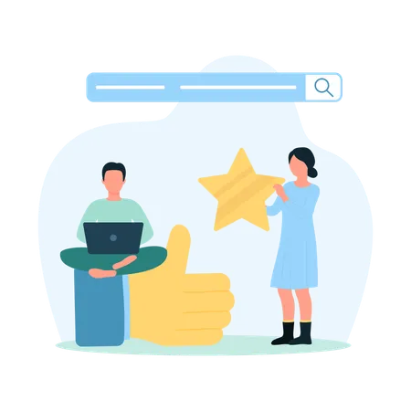 Customers Review Vector Illustration Cartoon Tiny People Use Giant Thumbs Up And Gold Star To Rate Positive Experience High Satisfaction And Trust In Online Service Or Good Quality Of Product Illustration