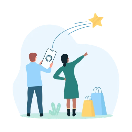 Customers Feedback Vector Illustration Cartoon Tiny People Launch Star From Mobile Phone Into Sky Clients Rate Experience From Product With Smartphone App Vote For Excellence Service And Quality Illustration