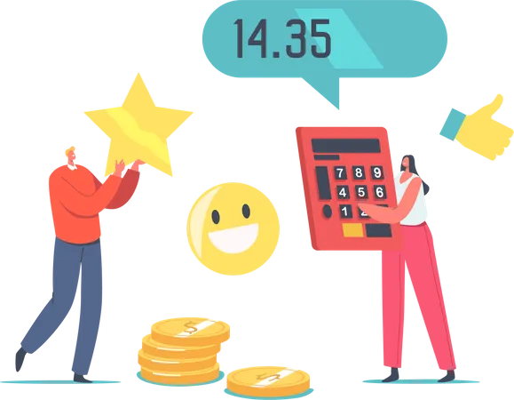 Price And Quality Balance Tiny Characters Holding Huge Calculator And Gold Star Customers Satisfaction With Product Cost And Worth Shopping Offer For Buyers Cartoon People Vector Illustration 일러스트레이션