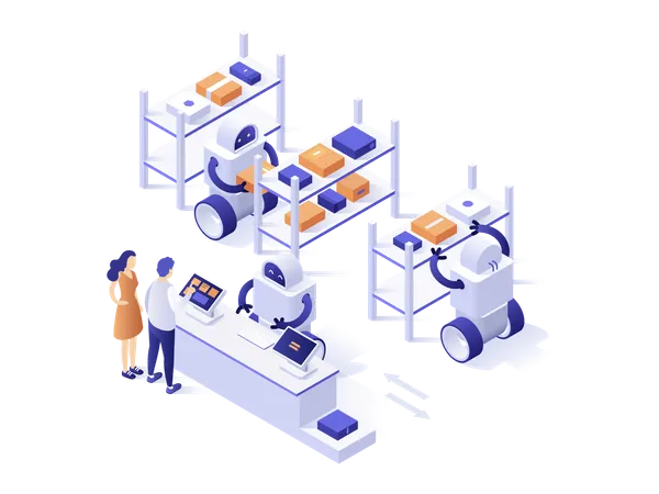 Customers standing at counter and robots working at warehouse  Illustration