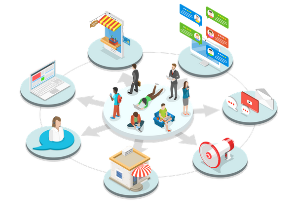 Customers surrounded by many communication types with seller Illustration