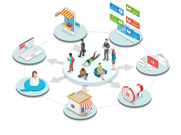 Customers surrounded by many communication types with seller  Illustration