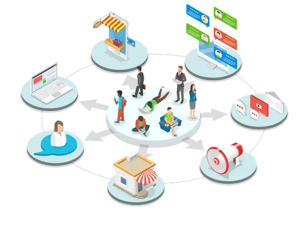 Customers surrounded by many communication types with seller  Illustration
