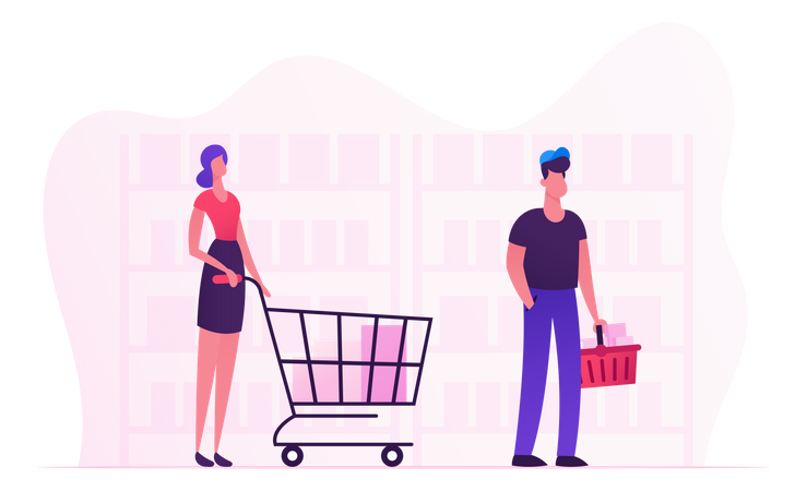 Customers With Products In Queue Moving To Cashier Desk At Grocery Store  Illustration
