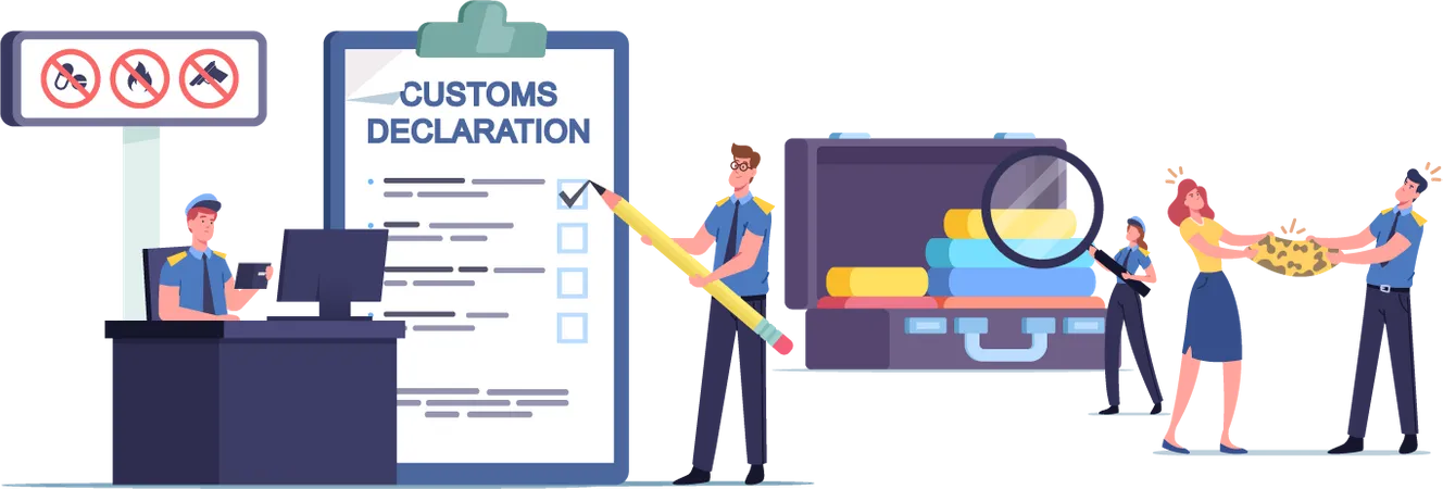 Customs Officer Filling Customs Declaration and Check Passenger Illustration