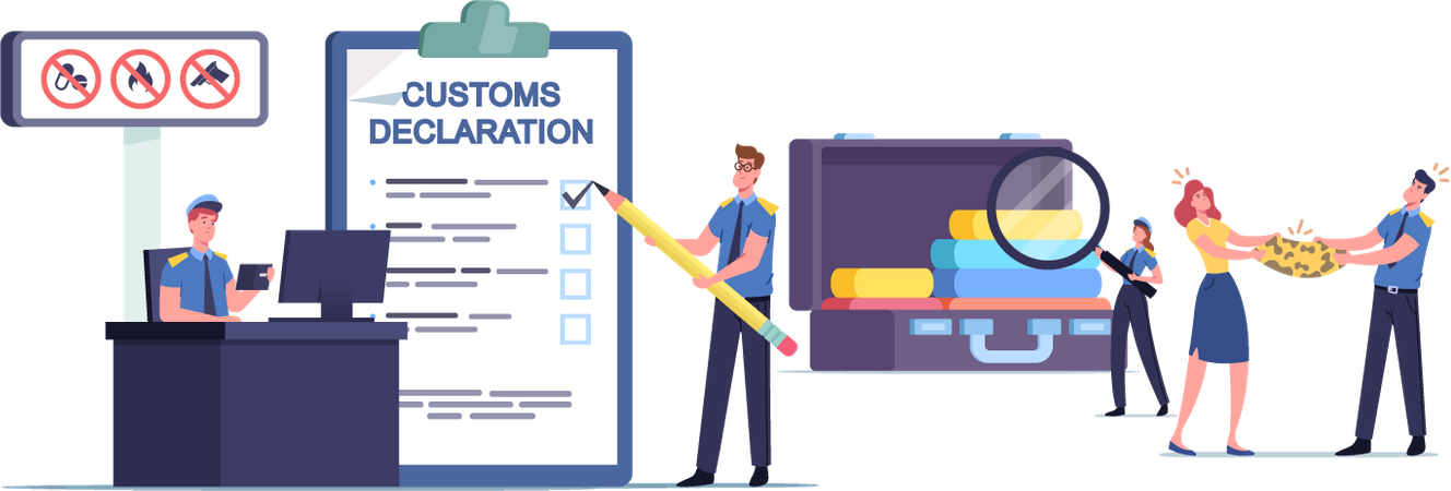 Customs Officer Filling Customs Declaration and Check Passenger  Illustration