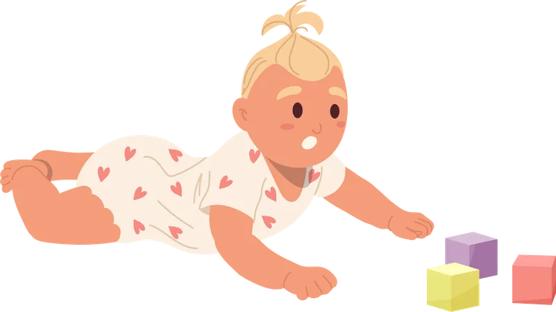 Cute active newborn baby playing blocks  Illustration