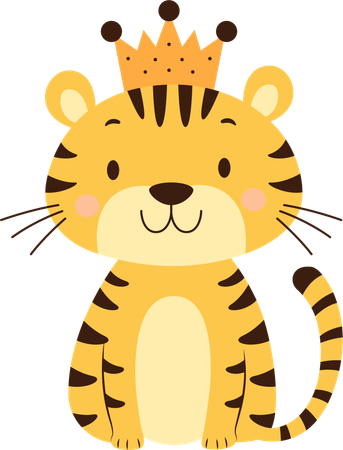 Cute Adorable Baby Tiger Animal Character Wearing King Crown  Illustration