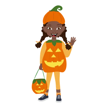 Cute African American Kid Girl Wearing a Pumpkin Halloween Costume  Illustration