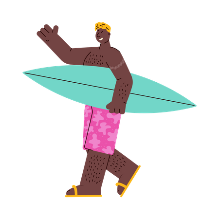 Cute African American young man with surfboard Illustration