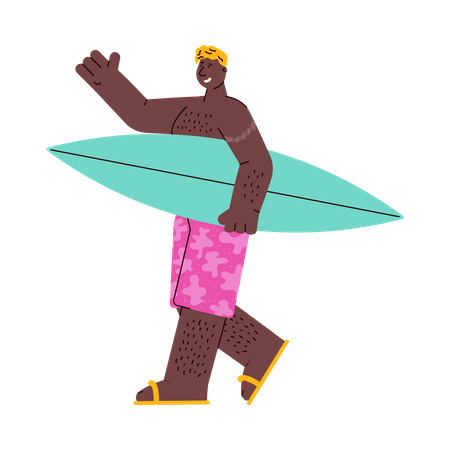 Cute African American young man with surfboard  Illustration