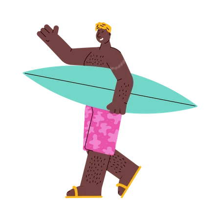 Cute African American young man with surfboard  Illustration