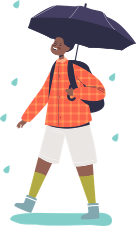 Cute african boy walking under umbrella in rainy weather  Illustration