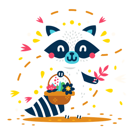 Cute and Sweet raccoon collects flowers Illustration