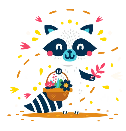 Cute and Sweet raccoon collects flowers  Illustration