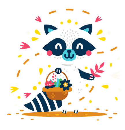 Cute and Sweet raccoon collects flowers  Illustration