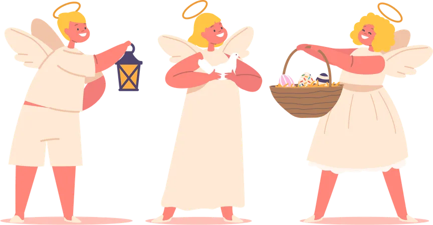 Cute Angel Characters With Lantern White Dove And Basket Full Of Easter Eggs Adorable Baby Cherubs Brighten The World With Their Innocence And Love Cartoon People Vector Illustration Illustration