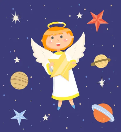 Cute Angel With Star Flying In Sky Child In Angel Costume On Background Of Heaven Cartoon Character With Halos Above Her Head Small Spiritual Being Divine Creature Surrounded By Stars And Planets Illustration