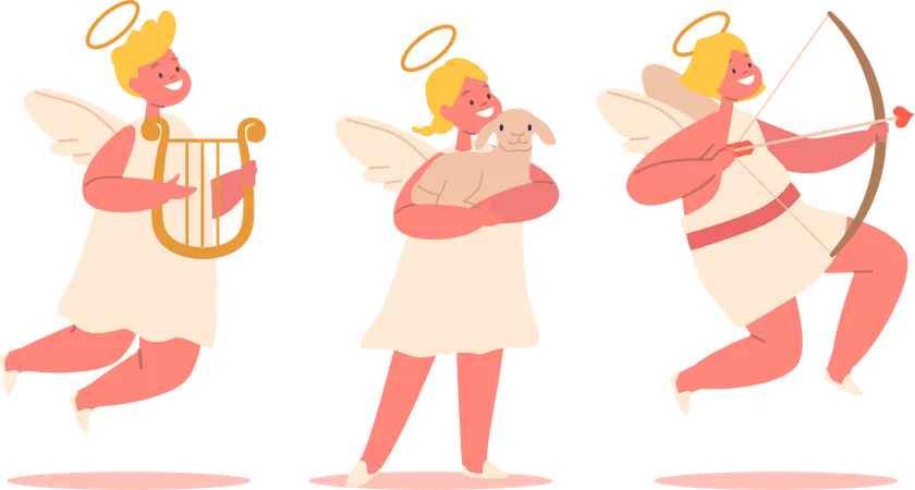 Cute Angels Or Cherubs Holding Harp Lamb And Bow With Arrow Pure Charming And Delightful Heavenly Characters With Cherubic Smiles Spreading Love And Joy Cartoon Vector Illustration Illustration