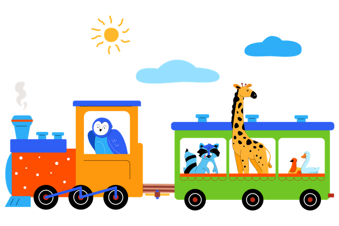 Cute animals on a train  Illustration