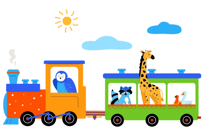 Cute animals on a train  Illustration