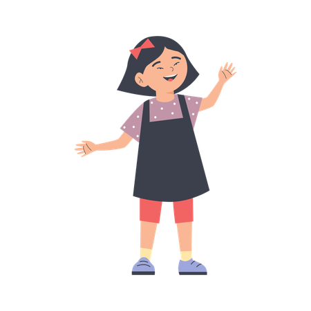 Cute asian girl in overalls waving hello  Illustration
