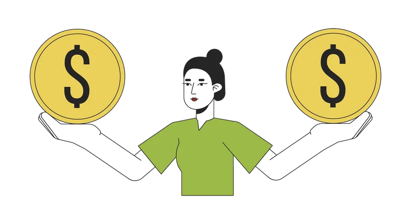 Cute Asian Woman Holding Coins On Hands Flat Line Color Vector Character Balance In Finances Editable Outline Full Body Person On White Simple Cartoon Spot Illustration For Web Graphic Design Illustration